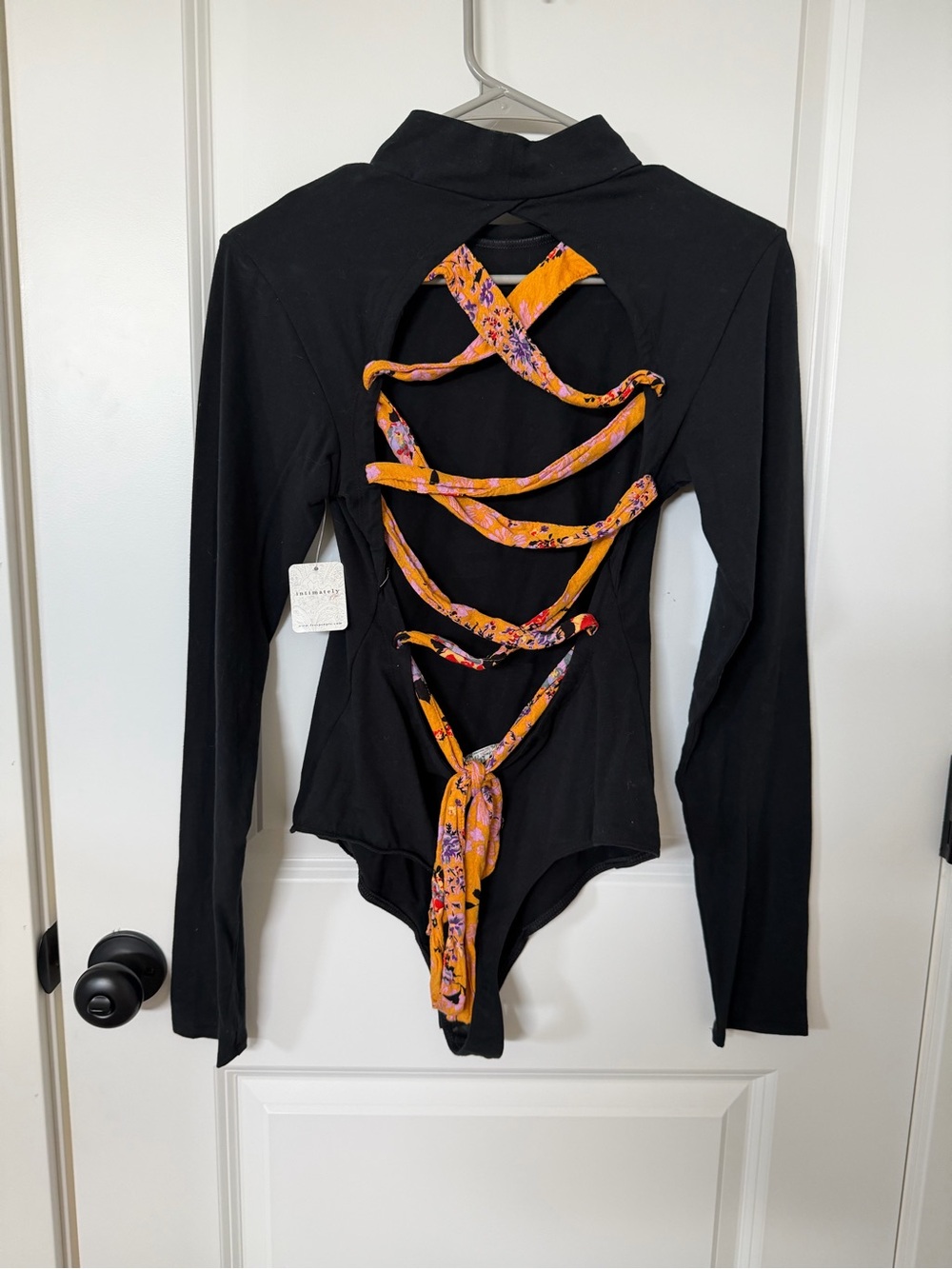 Free People Black Long-Sleeve Mock Neck Bodysuit With Ribbon Tie Back